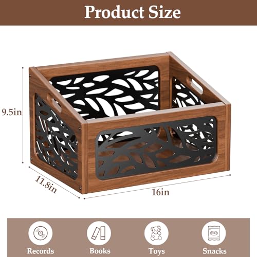 QILICHZ Vinyl Record Storage,70+ Lps Records Holder,Vinyl Holder,Wood Record Storage Crate,Rustic Album Storage for Vinyls Records,Magazine File Holder Rack for Home Office,Brown + Black