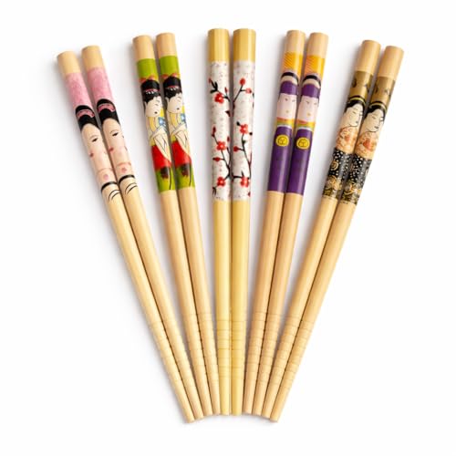 PinoLab Set 5 Paia Bacchette Sushi Giapponesi – In Legno Decorato con Disegni Tradizionali, Riutilizzabili, Ideali per Sushi, Cucina Asiatica e Regalo (Disegni casuali)