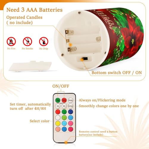 Image of Flickering Flameless Candles, Christmas Poinsettia Flower Snowflakes LED Candles with Remote Timer, Set of 2 Battery Operated Candle for Valentine Wedding Birthday