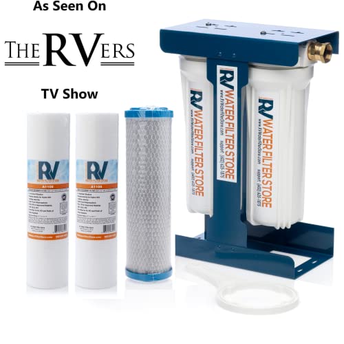 Image of Essential RV Water Filter System with Universal Blue Cage Mounting Bracket and Brass Hose Fittings + Warranty