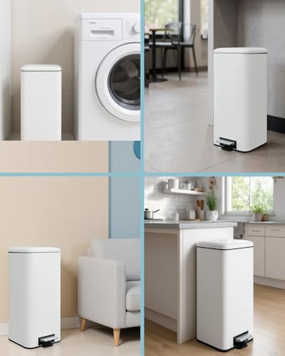 8 Gallon Square Trash Can with Lid, White Kitchen Trash Can with Soft Close, Stainless Steel Pedal 30 Liter Garbage Can for Home, Kitchen, Laundry Room, Office, Bedroom, Bathroom