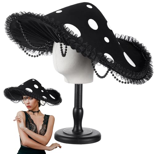 Croloose Mushroom Hat Renaissance Medieval Costume Cosplay Halloween Victorian Fairy Accessories with Bead Lace Brim Cap(Black)