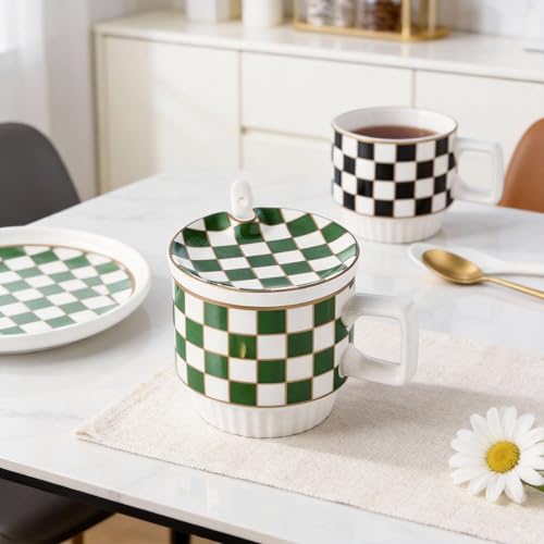 ASLASL Ceramic Checkered Coffee Mug Set, Black & White Grid Tea Cup with Saucer and Spoon, Stylish Kitchen Drinkware for Coffee, Tea (Green) by ASLASL - Used condition - Image 5