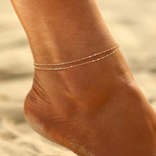 Image of Ritach Ankle Bracelets for Women - Silver /Gold Plated Stainless Steel Anklets for Women Waterproof Layered Cuban Link Figaro Chain Heart Anklets Set Summer Beach Jewelry Gifts