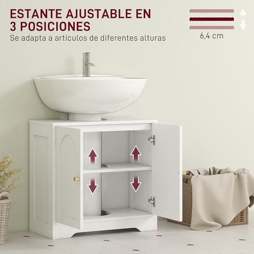 Miniatura 5 de Homcom Mueble Bajo Lavabo Mueble De Baño Con 2 Puertas Con Diseño De Arco Estante Ajustable Tiradores Dorados Para Lavabo Con O Sin Pedestal 60x30x65 Cm Blanco