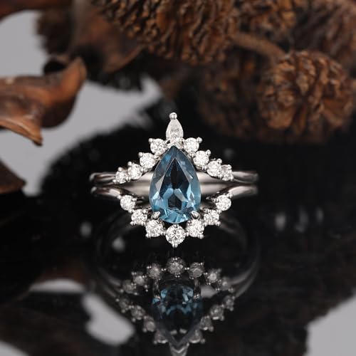 Bridal Wedding Rings Set for Women 1.50CT Natural London Blue Topaz Art Deco 925 Sterling Silver Engagement Promise Ring for Her Size 4-92