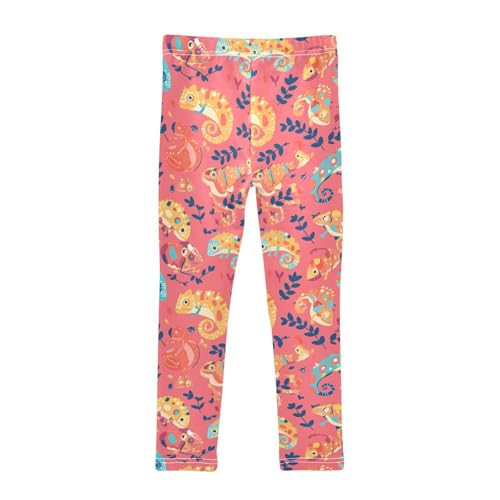Colorful Pattern with Cute Chameleons Kids Baby Girls Basic Leggings Stretchy High Waisted Athleisure Pants Gym2