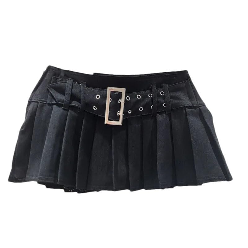 Women's Skirts Spliced Belt Folds Solid Color A-Line Low Waist Super Short Denim Skirt