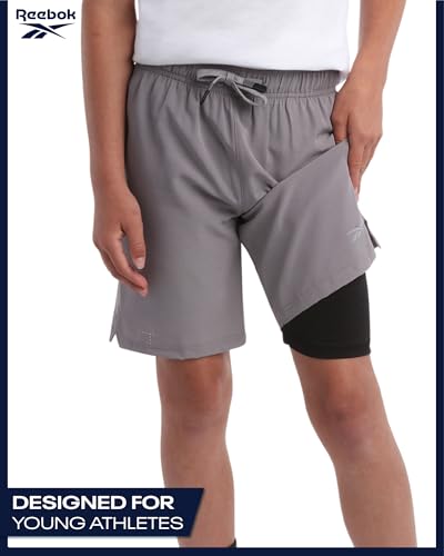 Reebok Boys Athletic Shorts - 1/2 Pack Lightweight Performance Mesh Basketball Running Shorts for Boys with Compression Liner, Size 8, Pure Grey - image 6