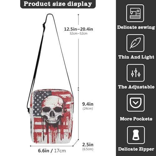Crossbody Bag American Flag Gothic Skull Messenger Bag for Women Men Purse Shoulder Bag Satchel Bag with Adjustable Strap 214B94173