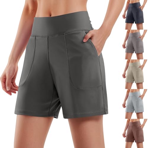 Bermuda Shorts for Women 6'' Athletic Long Shorts with Pockets Summer Casual Tummy Control Wide Leg Yoga Short High Waisted Quick Dry Knee Length Yoga Pants Plus Size Stretch Gym Running Workout Short