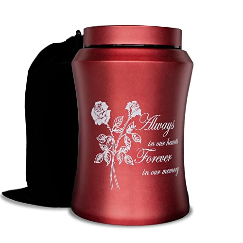 Image of Large Red Metal Cremation Urns for Human Ashes, for Adult Female | Full Size 220 lbs Capacity, Sealing Well & Durable, Stainless Steel, Funeral Women Ash Keepsake, Including a Velvet Bag