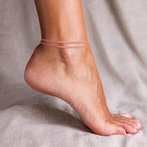 Image of Robaice Ankle Bracelets for Women, Glitter Waterproof Adjustable Anklet for Women, 14K Gold Plated /Sterling Silver Layered Anklets, Summer Beach Anklet Jewelry for Women Gift