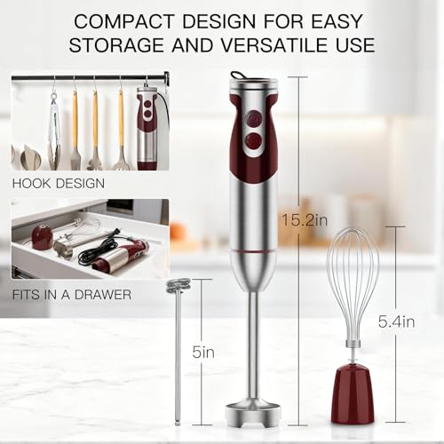 Image of MEGAWISE Immersion Hand Blender 3-in-1, 12-Speed Stick Blender with Turbo, Egg Whisk & Milk Frother for Soups, Sauces, Smoothies and Baby Food, Red