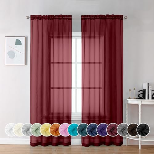 Image of Chyhomenyc Burgundy Sheer Curtains 84 Inches Long 2 Panels, Light Filtering Voile Christmas Curtain Drapes Window Treatment for Bedroom Living Room, Each 42Wx84L Inch