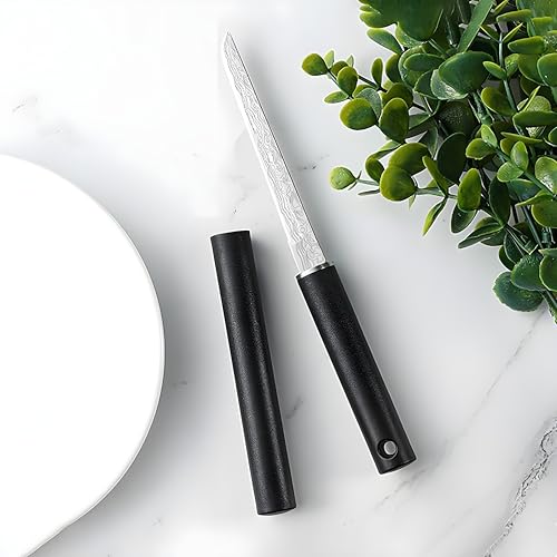 Image of Wizbiz Premium Japanese-Style Utility Knife | Damascus Pattern Blade with Black Sheath | Slim Fixed Blade Kitchen EDC Use | Sleek Handle Design