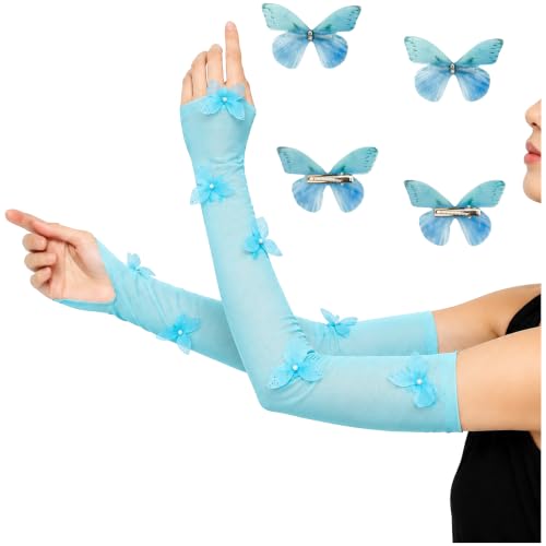 Luhiew Halloween Decorations Women's Butterfly Arm Warmer with 4 Pcs Butterfly Hair Clips (blue) - image 1