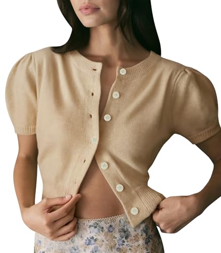 Image of Womens Puff Short Sleeve Cardigan Sweaters Cropped Button up Lightweight Y2k Knit Summer Cardigans