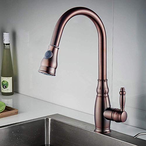 NATWEE Küchenarmatur, komplett aus Kupfer, Küchenarmatur, verdicktes Waschbecken, Waschbecken, Pumpe, Wasserhahn, drehbar, heiße und kalte Dusche, Wassersäule, Doppelauslass, EIN-Knopf-Steuerhahn,