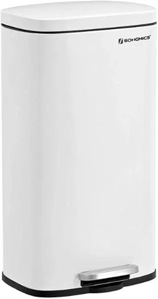 SONGMICS Trash Can with Lid, 8 Gallon Garbage Can, Stainless Steel Small Waste Bin with Step Pedal and Inner Bucket, Soft Close, Kitchen, White ULTB102W01