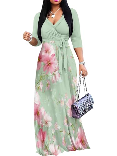 Image of PinkPatty Plus Size Maxi Dresses for Women Casual Flowy Long Dress 3 /4 Sleeve V Neck Wrap Dress with Belt