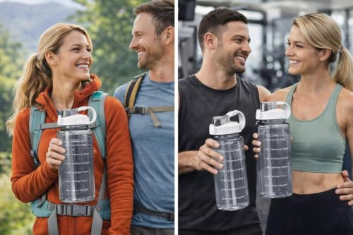 Image of Large Water Bottle with Straw and Handle, Sports Sipper Bottle with Measurement Markings and Flip Top Lid, Gym, Fitness, Workout & Travel