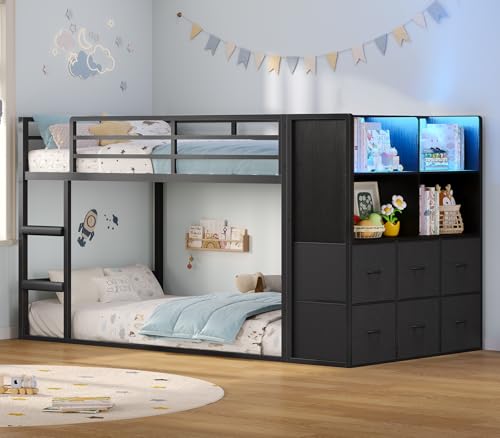 BTHFST Twin Over Twin Bunk Bed with Storage Drawers & Open Storage Shleves with LED Lights, Metal Black Low Bunk Bed Safety Ladder and 13.4' H Guardrail, Space Saving