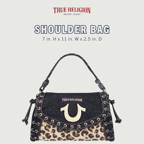 True Religion Denim Eyelet Trim Flap Bag, Studded Lace-Up Crossbody Shoulder Handbag with Horseshoe Logo, Leopard2