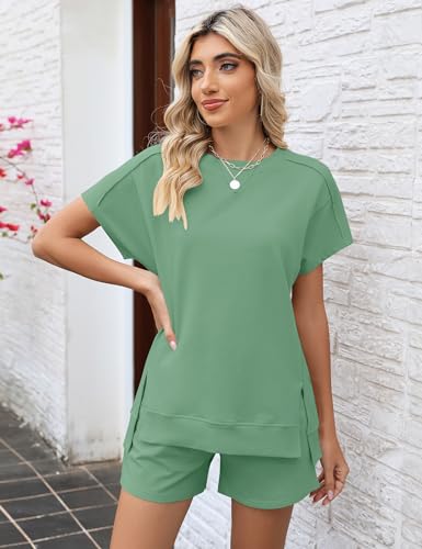 Image of LOMON Womens Fashion 2 Piece Outfits Sweatsuits 2026 Summer Short Sleeve Loungewear Tracksuit Round Neck Lounge Shorts Sets