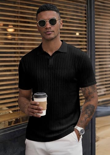Image of JMIERR Mens Casual Polo Shirt Summer Short Sleeve Vacation Button Beach Knit Stretchy Golf Shirts