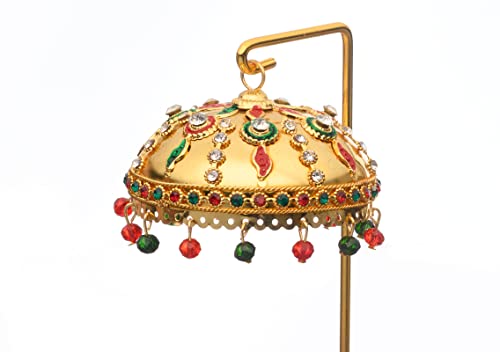 Image of Metal Umbrella Chhatra with Hanging Crystals - Decorative Chatri for God Idol, Car Dashboard, Office Desk, Table, Or Home Temple - M 55