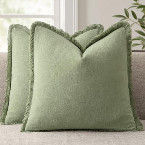 ANRODUO Set of 2 Decorative Throw Pillow Covers 1818 Inch Soft Linen Fringe Farmhouse Boho Vintage Cushion Covers with Tassels Accent Pillowcase for Couch Sofa Bed Living Room Summer Decor Sage Green