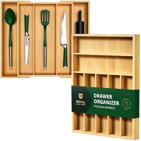ROYAL CRAFT WOOD Luxury Bamboo Kitchen Drawer Organizer - Silverware Organizer - Utensil Holder and Cutlery Tray with Grooved Drawer Dividers for Flatware and Kitchen Utensils Cover