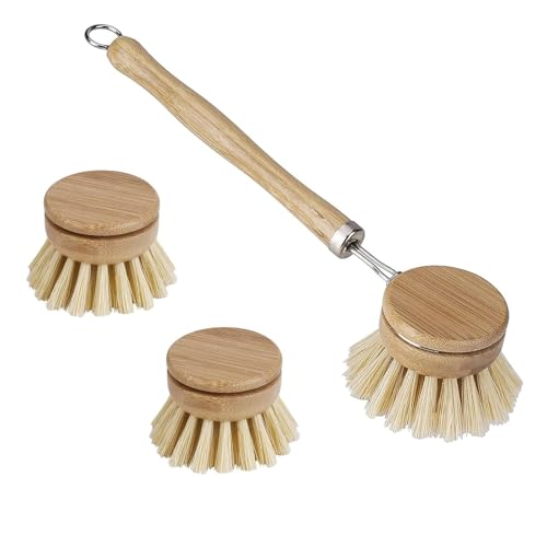 lisetar Premium Eco-Friendly Bamboo Dish Brush Set 3 Interchangeable Bristle Heads Long Handle Natural Kitchen Cleaning Scrubber Pan Pot Dish Bottle Washing Up Zero Waste Free Safe FSC Certified Wood