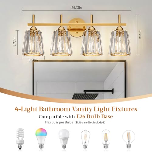 Image of Crystal Bathroom Light Fixtures Over Mirror, Gold 4-Light Bathroom Vanity Lights Over Mirror Modern Wall Lighting Sconces with Ceramic E26 Base (Bulbs Not Include)
