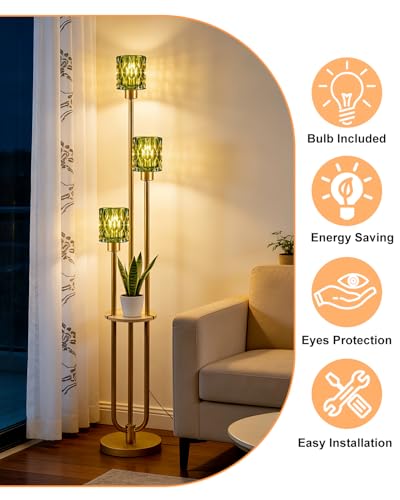Image of Lightdot 3-Lights Glass Floor Lamp for Living Room Modern Gold Floor Lamp with Green Glass Shade for Wedding /Party Farmhouse Tall Standing Lamp with 5Lb Heavy Base for Bedroom /Sofa Beside /Corner Decor