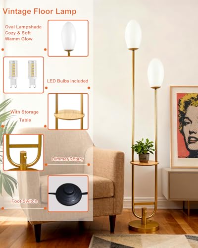 Image of Lightdot Gold Dimmable Floor Lamp with Oval Bulbs Included Unique Tall Standing Lamps with Table Mid Century Modern Floor Lamp with 5Lbs Heavy Base for Living Room /Party /Sofa Beside /Corner Decor