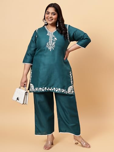 Image of Bani Women Emroidered Kurta Set Co-Ord Set Plus Size Top and Trouser Set 2 Piece Outfit, 3 /4 Sleeves Embroided V Neck, Coord Sets for Women| Western Dress, Stylish Design for All Occasions