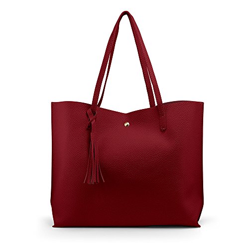 OCT17 Women Tote Bag - Tassels Faux Leather Shoulder Handbags, Fashion Ladies Purses Satchel Messenger Bags (Red)