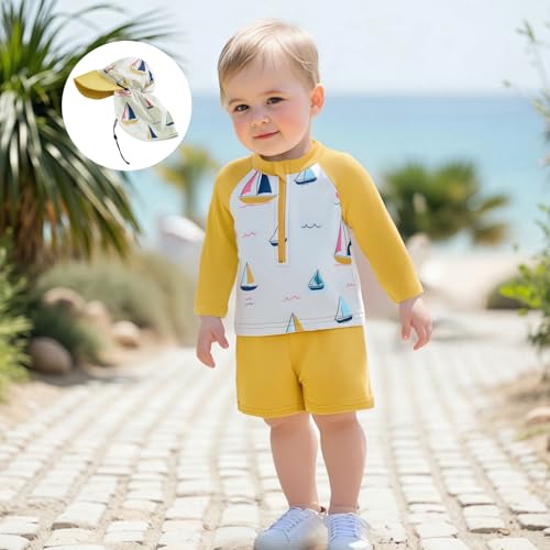 Toddler Boy Swimsuit Baby Swimsuit Boy Baby Rash Guard Sailboat Print Zipper Beach Bathing Suit Swimwear with Hat(A-Yellow Sailboat,2-3T)