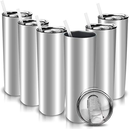 Coesie 30 oz Stainless Steel Skinny Tumbler Vacuum Double Wall Insulated Cups Skinny Tumbler with Lids and StrawsTravel Tumbler for Men and Women HomeOfficeOutdoorIce Drink （6 Pack Silver）