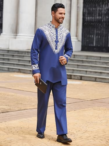 Pacinoble Mens African 2 Piece Set Metallic Traditional Suit Floral Printed Mens African Dashiki Shirt and Pants Outfit2