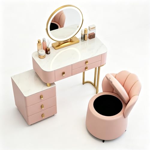 Lsoiup Tocador con Tapa de mármol, Mesa de Maquillaje de Granja con 6 cajones de Almacenamiento y gabinete Lateral, tocador de Dormitorio de Madera rústica con Espejo LED HD de 45cm, Rosa(L:100cm)