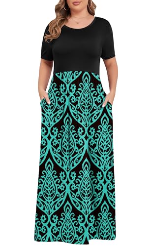 Image of KARALIN Women Plus Size Maxi Dress Short Sleeve Round Neck Loose Fit A-Line | Plus Size Long Dress,Summer Casual Maxi Dresses,Short Sleeve,Side Pockets,Round Neck,Elastic Waist,14 Plus - 26 Plus