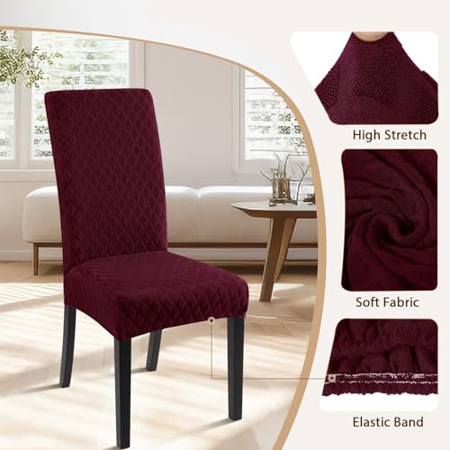 Image of SearchI Dining Room Chair Covers Set of 4, Stretch Jacquard Parsons Chair Slipcovers Super Fit Removable Washable Kitchen Chair Protector Cover for Dining Room, Hotel, Ceremony (Wine Red)
