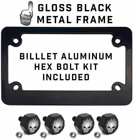 Metal Black Motorcycle License Plate Frame +Tag Fasteners Kit Grey FIRE Skull Style-9856-6879