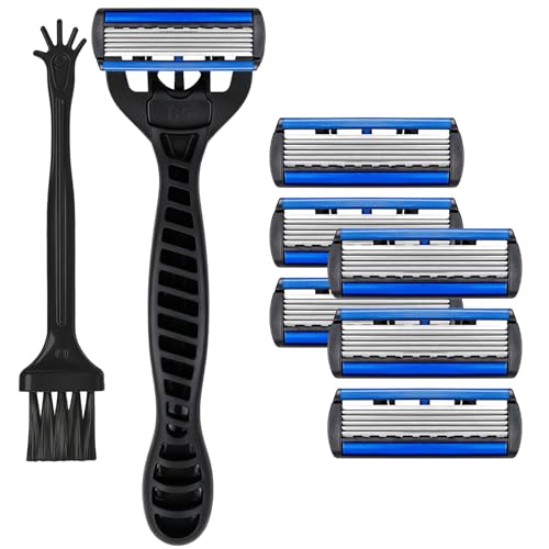 LOPHE Maquinilla de Afeitar Hombre, Pack de 1+6+1 Maquinilla de Afeitar de 6 Hojas, 1 Mango de Cuchillo Antideslizante de TPE + 6 Recambios de Cuchillas + 1 Cepillo de Limpieza, Afeitado Manual Suave