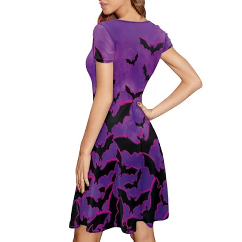 Image of Forchrinse Womens Halloween Bats Dress Causal Elegant Party Midi Dresses Plus Size Short Sleeve A Line Flared Swing Dress Skater Summer Sundress,S-4XL