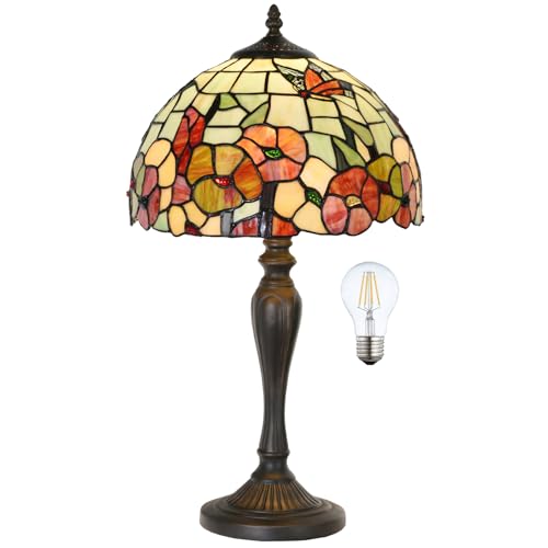 HomeBeauty TL0002 Tiffany Style Table Lamp 21.5" High Blossoming Antique Stained Glass Lamp for Living Room Bedroom Bedside Nightstand Home Office, LED Bulb Included