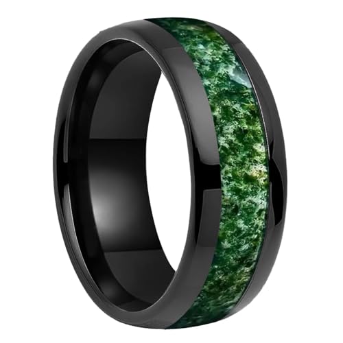 Dome Edges Mens Womens Engagement Wedding Band Green Moss Agate Inlay Tungsten Carbide Rings